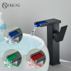 LED Bathroom Basin Faucet Waterfall Outlet Black Cold And Hot Mixer Deck Installation Crane Kitchen Sink Tap With Light