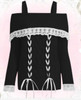 Women's Cold Shoulder Sweaters Long Sleeve Contrast Lace Knit Pullovers Bow Front Jumper Tops