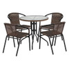 28'' Round Glass Metal Table with Dark Brown Rattan Edging and 4 Dark Brown Rattan Stack Chairs  Dining Tables and Chairs Set