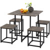 5Pcs Dining Set with Industrial Square Table and 4 Backless Chairs, Drift Brown