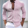Men'S Striped Shirts Long Sleeve Shirt For Man Streetwear Style Pink Shirt Social Dress Male Outfits Club Party Button Shirt Top