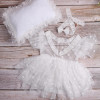 Ylsteed 3 Pieces Set Newborn Lace Romper with Posing Pillow Hairband Baby Girl Photography Outfits Infant Dot Mesh Dress