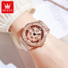OLEVS 9938 Waterproof Fashion Watch For Women, Quartz Full-diamond Genuine Leather Strap Women Wristwatches
