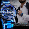 Winner Transparent Diamond Mechanical Watch Blue Stainless Steel Skeleton Watch Top Brand Luxury Business Luminous Male Clock