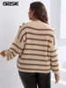 GIBSIE Plus Size Drop Shoulder Button Detail Striped O-Neck Sweater Women 2023 Autumn Winter Korean Loose Knitted Jumper Female