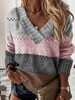 Plus Size Casual Sweater, Women's Colorblock Long Sleeve V Neck High Stretch Jumper,Autumn&Winter