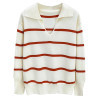 Plus Size Women's Autumn And Winter Polo Collar Striped Knit Sweater Casual Long Sleeve Pullover Jumpers