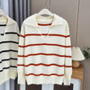 Plus Size Women's Autumn And Winter Polo Collar Striped Knit Sweater Casual Long Sleeve Pullover Jumpers