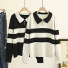 4xl Autumn Plus Size Jumper Woman Clothing LOOSE Knitted Pullover Winter Fashion Contrast Color Stripe Polo Collar Curve Sweater