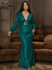 Missord Plus Size Deep V Neck Long Sleeve Sequins Green Mermaid Evening Dress