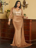 Missord Plus Size Ribbon Lantern Sleeve Velvet Gold Evening Dress Formal Occasion Dresses