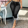 Plus Size Rhinestone Beading Stretchy Skinny Ankle Length Pencil Jeans 4XL Women Split Indie Capris Distressed Denim Trousers