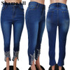 Plus Size Rhinestone Beading Stretchy Skinny Ankle Length Pencil Jeans 4XL Women Split Indie Capris Distressed Denim Trousers