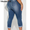 Women's Plus Size Casual Jeans, Washed Button Fly Ripped Roll Up Hem High Rise Skinny Capri Jeans