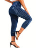 Plus Size Sports Leggings, Women's Plus Denim Print & Floral High Rise Skinny Slight Stretch Capri Leggings