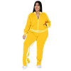 Plus Size L-5XL Two Piece Set Women Sweatsuit Zip Striped Top Slit Sweatpants Jogger Outfit Matching Set Wholesale Dropshipping