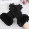 Female Faux Rabit Fur Suede Leather Touch Screen Driving Glove Winter Warm Plush Thick Embroidery Full Finger Cycling Mitten H92