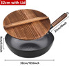 Carbon Steel Wok Pan 32cm Stir-Fry Pans with Wooden Lid Uncoated Flat Bottom Chinese Pan for Induction Electric Gas All Stoves