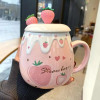 500ml Large Capacity Ceramic Cute Strawberry Coffee Mug with Lid and Spoon Porcelain Breakfast Milk Oatmeal Cup Drinkware