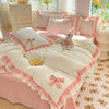 Pink Lace Ruffle Bowknot Duvet Cover Bed Skirt Linens Pillowcases Luxury Bedding Set For Girls Woman Decor Home