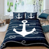 Anchor Nautical Steamboat Bedding Set Ocean Coastal Theme Blue and White Strip Quilt Cover for Kids Adults King Size Duvet Cover