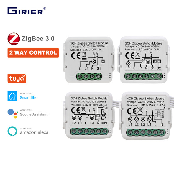 GIRIER Tuya ZigBee 3.0 Switch Module 10A Smart Home DIY Breaker 1 2 3 4 Gang Supports 2 Way Control Works with Alexa Google Home