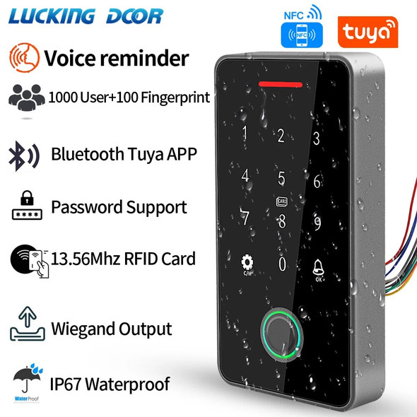 NFC Bluetooth Tuya APP Backlight Touch 13.56Mhz RFID Card Access Control Keypad Door Lock Opener WG Output IP66 Watreproof