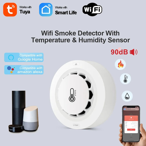 Tuya WiFi Smoke Alarm Temperature And Humidity Detection 3 In1 Fire Protection Smoke Detector Sensor Smart Life Firefighter
