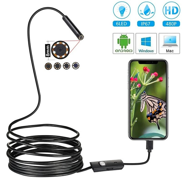 Industrial Endoscope Camera 7mm IP67 Waterproof Inspection Borescope 6LED Adjustable For Android Phones Sewer Car PC USB Type-C