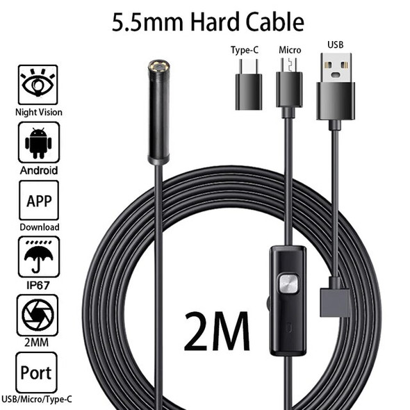 1M 2M 5.5MM Borescope Mini Camera Night Vision Waterproof Micro USB Type-C 3IN1 Android Endoscope For Phone PC Car Inspection