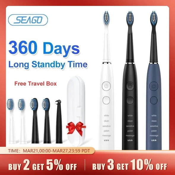 Seago Sonic Electric Toothbrush Choice Dental Care Deep Clean Teeth 360 Days Standby 5 Modes 2 Mins Timer Portable for Travel