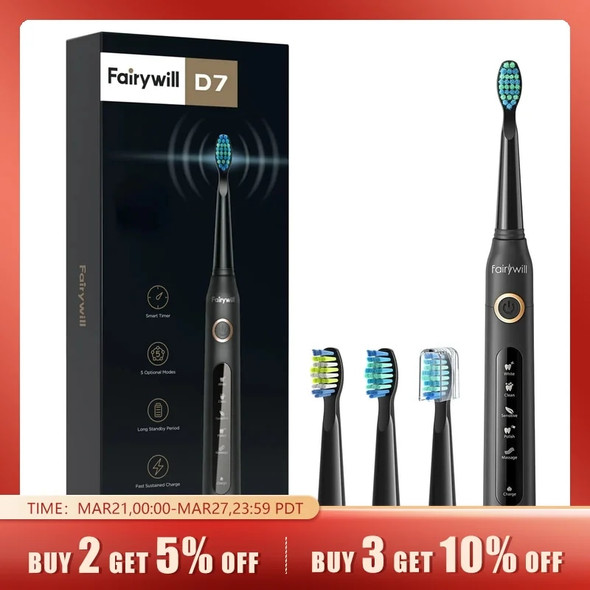 Fairywill Electric Sonic Toothbrush USB Charge FW-507 Rechargeable Waterproof Electronic Tooth Brushes Replacement Heads Adult