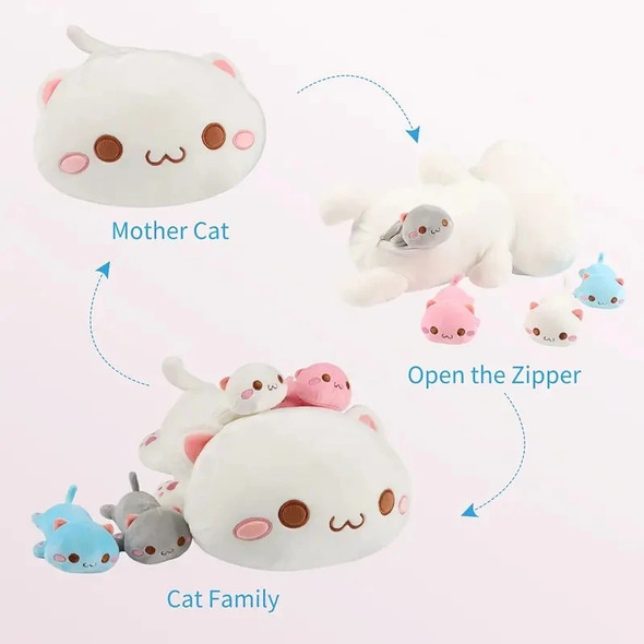 47cm Mother cat brings 4 mini kitten plush toys Love Cat zipper toys for boys and girls Christmas and Halloween gifts