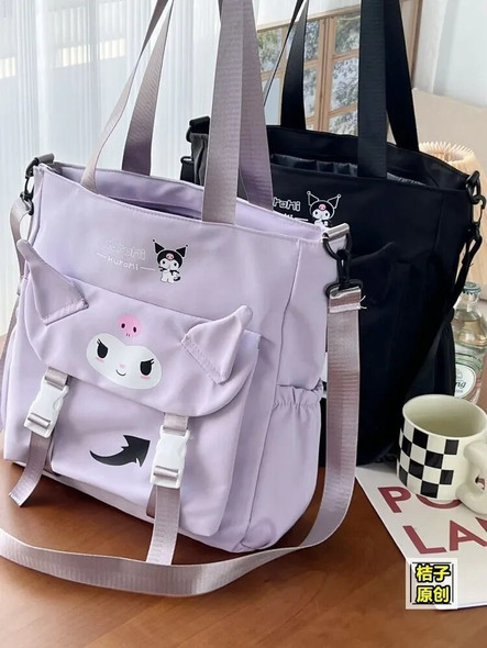 Sanrio Cartoon Cute Kuromi Shoulder Crossbody Tote Bag High School and College Student Canvas Bag for Class Tuition Bag