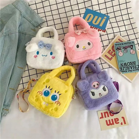 Kawaii Sanrio Plush Crossbody Bag Kuromi Cinnamoroll My Melody Spongebob Girl Cute Plush Toys Cartoon Bag Kids Christmas Gift