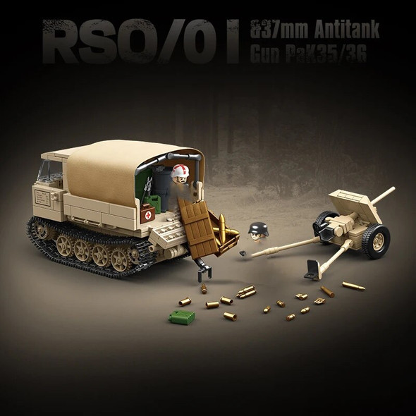 Military Tank WW2 German Army Building Block RSO/01 Track Tractor And 37mm Antitank Gun Pak35/36 Weapon Model Figure Bricks Toys