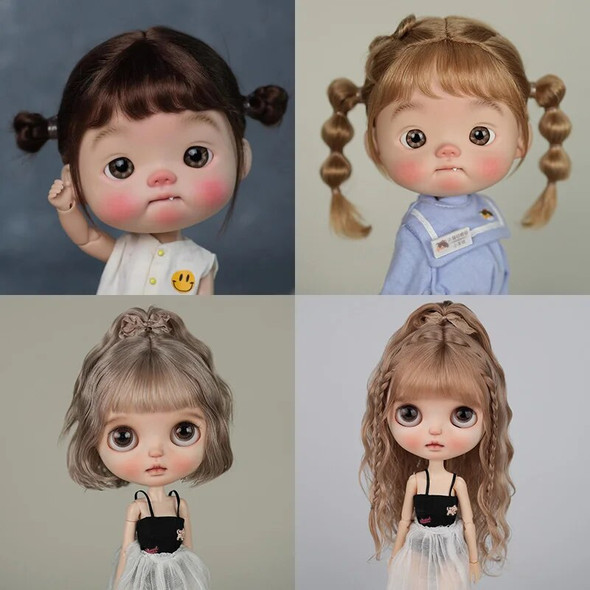 BJD Wig Big Head Dot Blyth Wig Soft Mohair Bangs Braid Wig half ponytail Short Hair Long Wavy Hair Fit 9-10 Inches Head