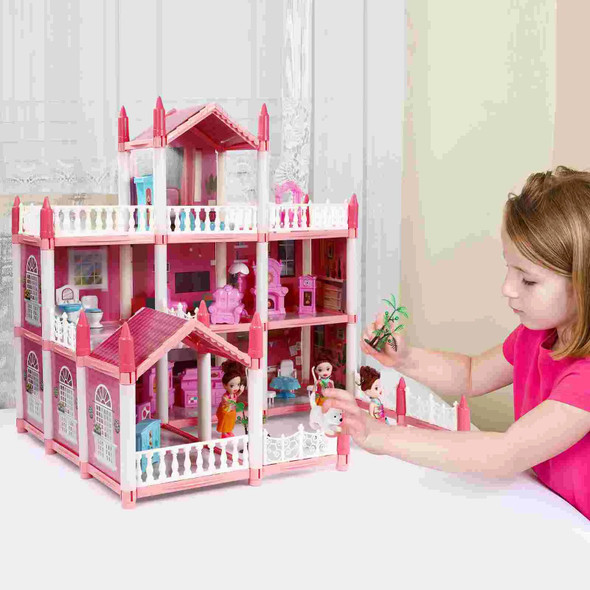House For Little Girls Dolls Toys With Light Strip Pp DIY Mansion Playhouse Building Playset Child