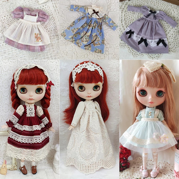 Blyth Doll Clothes Vintage Long Dress Princess Dress Girl Lace Skirt Headdress for YMY、Licca、Azones、Ob24、Ob27 Doll Accessories