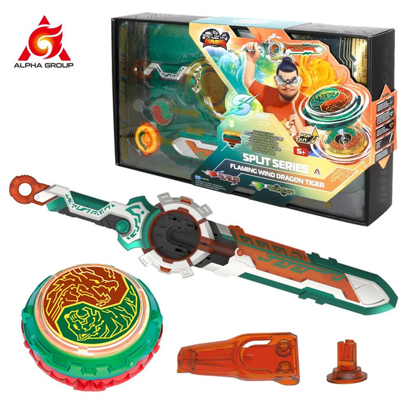 Infinity Nado 6 Split Series-Flaming Wind Dragon Tiger Deluxe Sword Launcher with Detachable Scabbard & Flashing Spinning Top