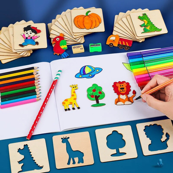 Montessori Kids Toys Drawing Toys Wooden DIY Painting Template Stencils Learning Educational Toys for Children Gift 20pcs