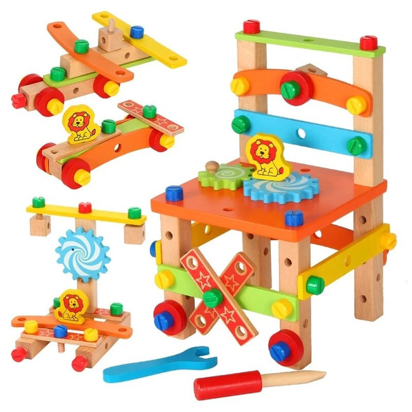 Wooden Assembling Chair Montessori Toys Baby Educational Wooden Blocks Toy Preschool Children Variety Nut Combination Chair Tool