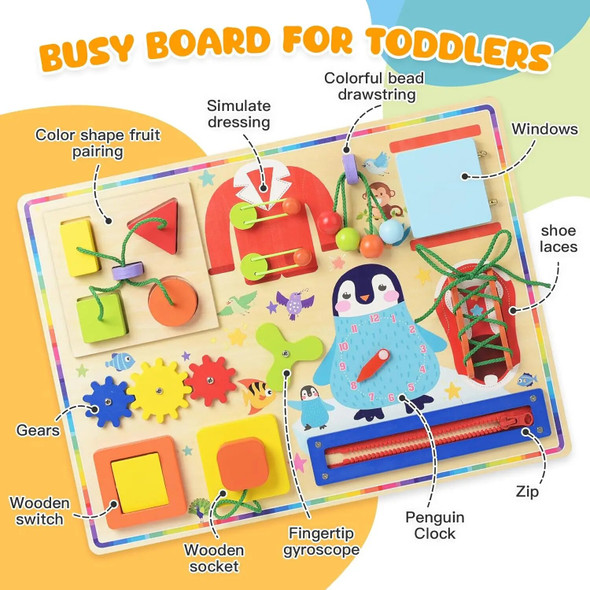 Wooden Busy Board for Toddlers Montessori Toy Sensory Activity Board to Learn Basic Life Skills & Develop Fine Motor Skills Wooden Busy Board for Toddlers Montessori Toy Sensory Activity Board to Learn Basic Life Skills & Develop Fine Motor Skills