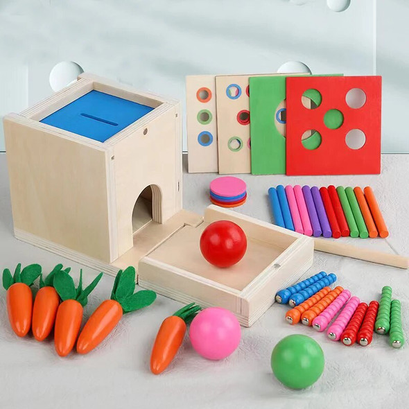 6-in-1 Wooden Montessori Toy Play Kit Object Permanence Box Play Set with Coin Box Carrot Harvest Shape Sorter Ball Drop Toy 6-in-1 Wooden Montessori Toy Play Kit Object Permanence Box Play Set with Coin Box Carrot Harvest Shape Sorter Ball Drop Toy