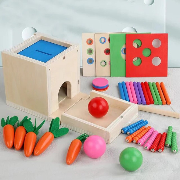 6-in-1 Wooden Montessori Toy Play Kit Object Permanence Box Play Set with Coin Box Carrot Harvest Shape Sorter Ball Drop Toy