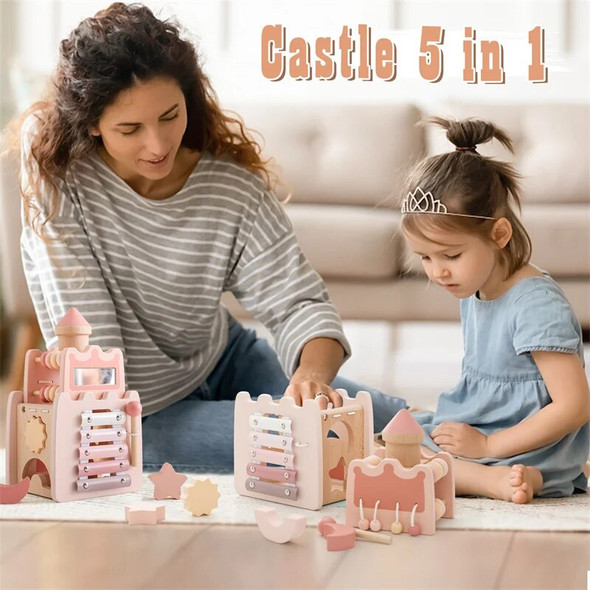 Montessori Wooden Toy Block Pink Castle Shape Matching Box Children Hand-eye Coordination Educational Learning Toy For Baby Game