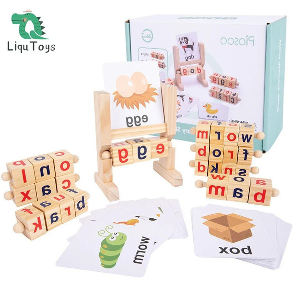 LIQU Wooden Reading Blocks Short Vowel Rods Spelling Games, Flash Cards Turning Rotating Letter Puzzle for Kids,Montessori Spinn
