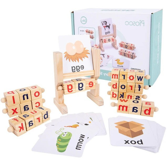 LIQU Wooden Reading Blocks Short Vowel Rods Spelling Games, Flash Cards Turning Rotating Letter Puzzle for Kids,Montessori Spinn