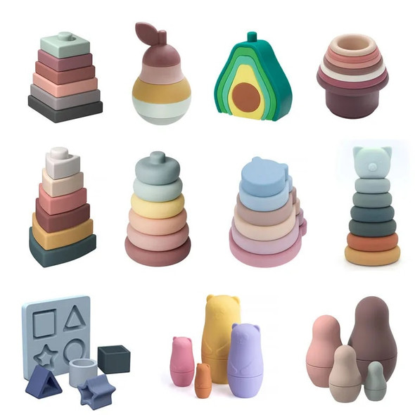1Set Soft Building Blocks Silicone Stacking Blocks Baby Toy Round Shape Silicone Construction Toy Rubber Teethers Montessori Toy