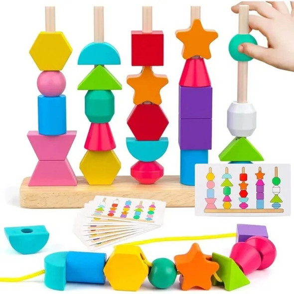 Montessori Wooden Beads Sequencing Toy Set Stacking Blocks Lacing Beads Matching Shape Stacker Montessori Toys Preschool